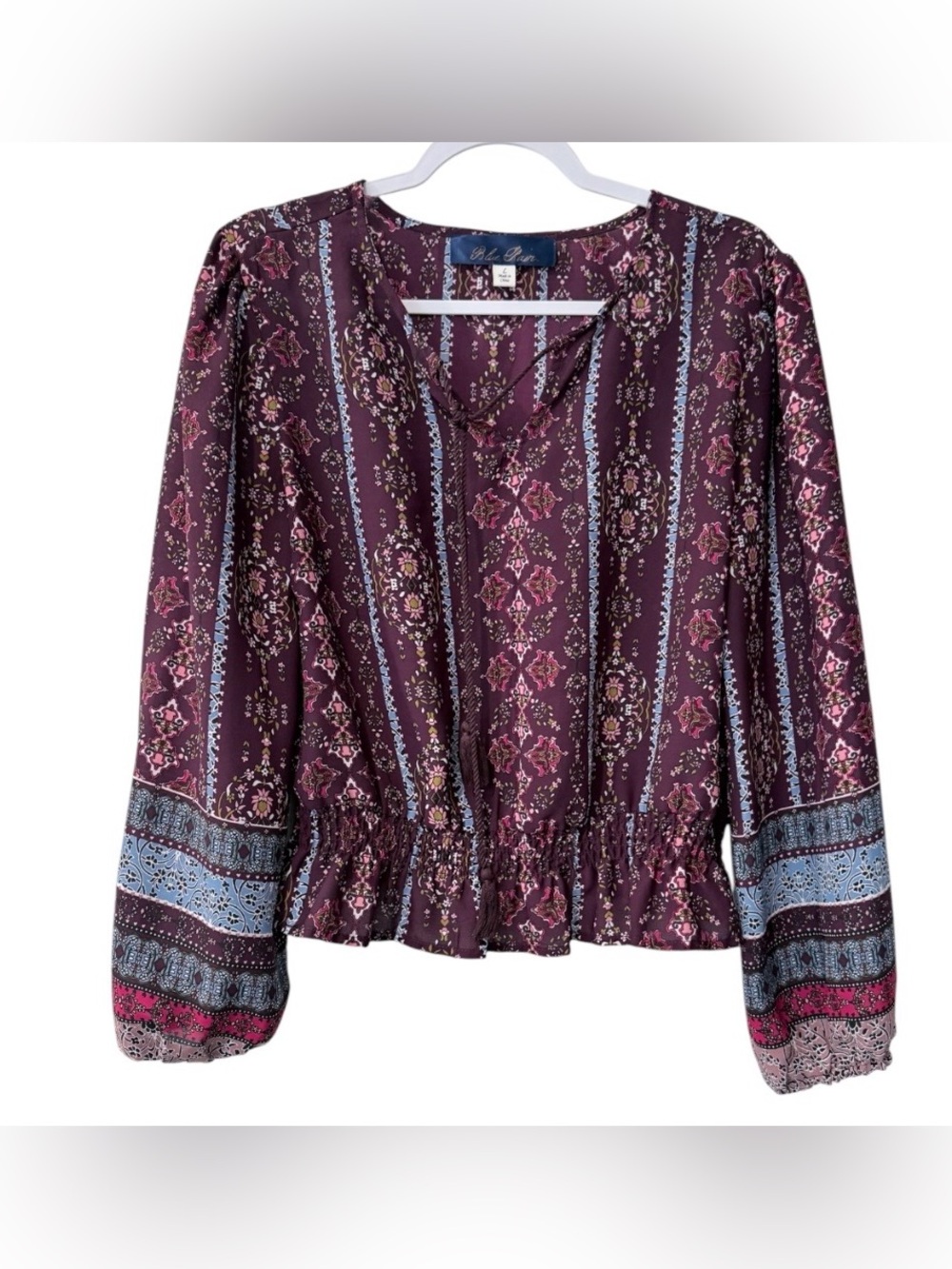 Blue Rain women’s Large long sleeve maroon bohemian floral striped peasant top
